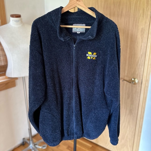 Michigan Football Sherpa Apparel Navy Blue Zip Up Teddy Terry Cloth Jacket XL C1 - Picture 1 of 6
